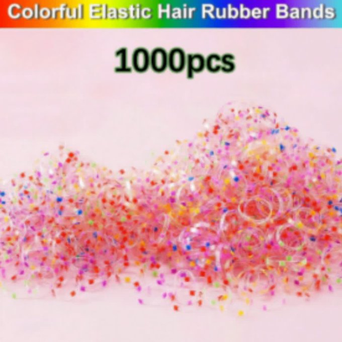 A product listing shows a pile of clear 'Colorful Elastic Hair Rubber Bands' advertised as containing '1000pcs'.