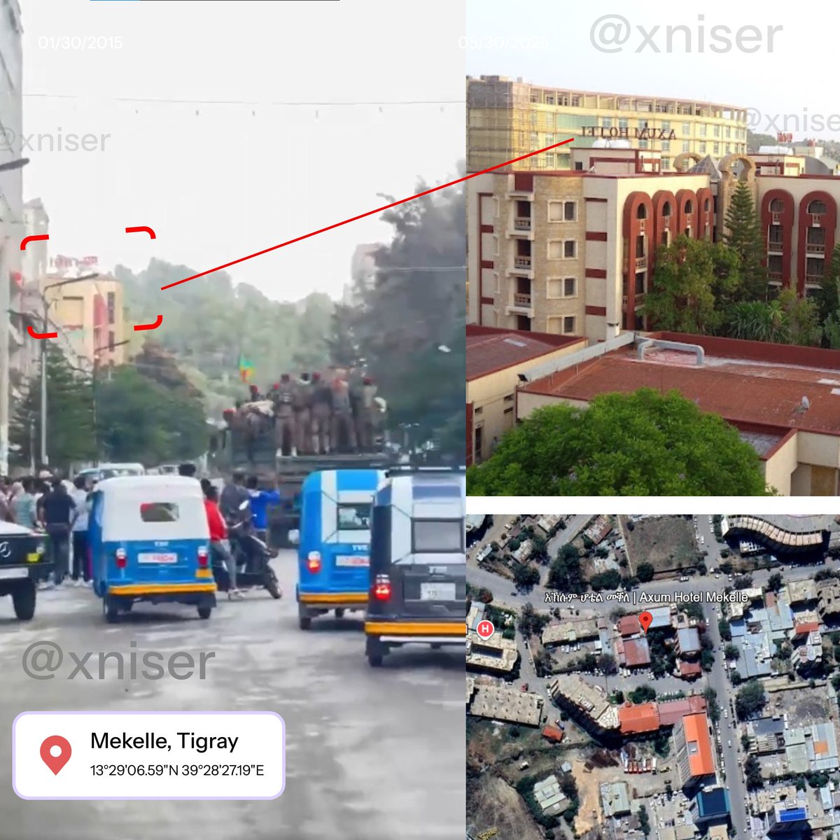xniser's tweet photo. GEOCONFIRMED ‼: ENDF forces have been verified inside #Mekelle near the Axum Hotel.

Visual evidence from video footage confirms the location via signage on the Axum Hotel building. 
#OSINT #Ethiopia #Mekelle #ENDF https://t.co/hFWByX4vFS