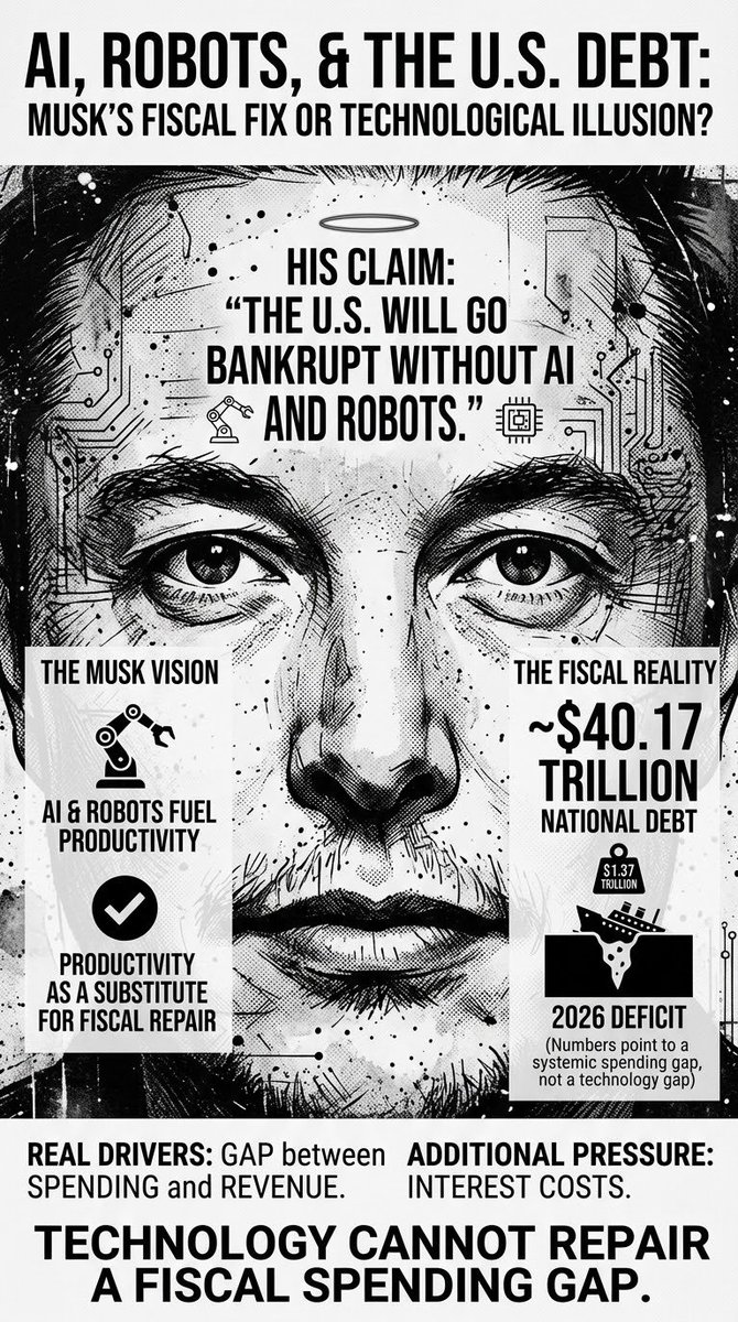 DARKCOMX's tweet photo. Elon Musk says the U.S. will go bankrupt without AI and robots, as national debt reaches about $40.17 trillion and the 2026 deficit hits $1.37 trillion. His argument turns technological productivity into a substitute for fiscal repair, but the numbers show a problem that is already being driven by the gap between spending and revenue, with interest costs adding further pressure.

AI Is Being Cast as a Fiscal Fix