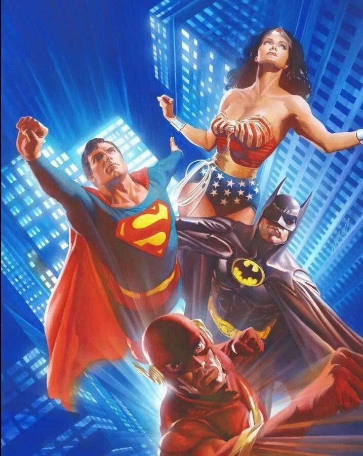 TheBatHome's tweet photo. Christopher Reeve Superman, Michael Keaton Batman, Lynda Carter Wonder Woman &amp; John Wesley Shipp Flash by Alex Ross https://t.co/bSimHEcqmG