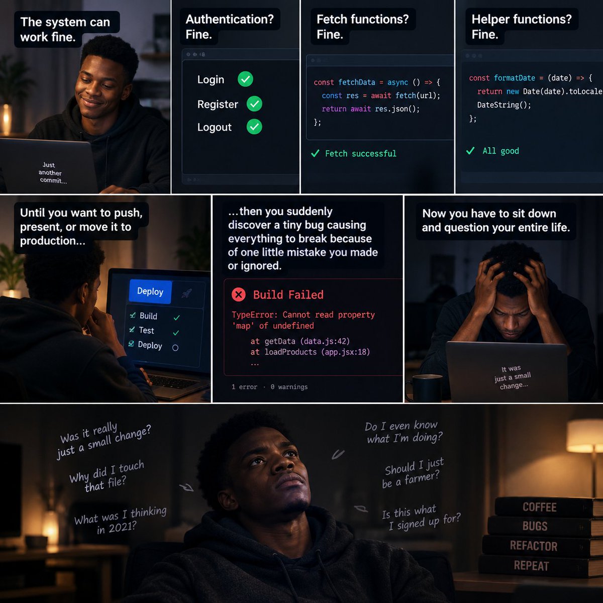 coddexx_dev's tweet photo. Everything works fine. Authentication? Fine. Fetch? Fine. Helper functions? Fine.

Until you want to deploy to production and suddenly discover that one tiny mistake you ignored is now a critical bug.

Now you're questioning every architectural decision you've ever made. 😭😂 https://t.co/ju1TBWWe36