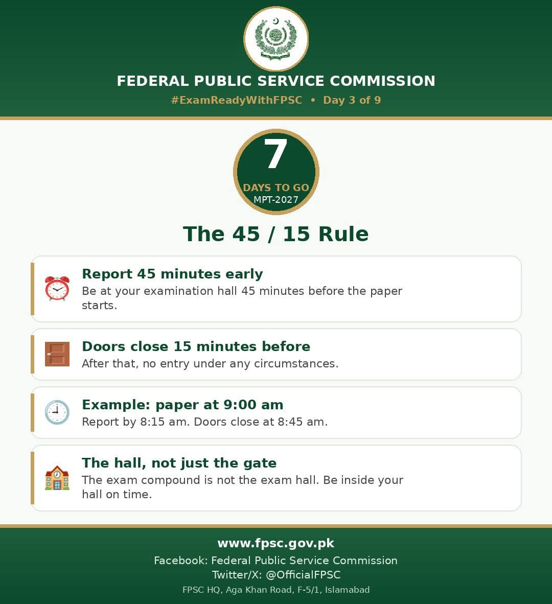 OfficialFpsc's tweet photo. 7 days to go. The 45/15 rule: report 45 min before your paper. Doors close 15 min before, and no entry after that. Paper at 9:00 → report 8:15, doors close 8:45.
#ExamReadyWithFPSC #FPSC #MPT2027 #CSS2027 https://t.co/8tcsL6ef6H