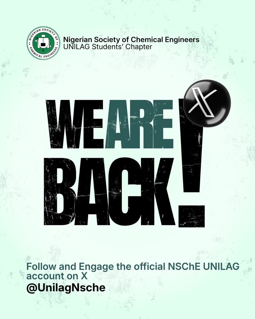 UnilagNsche's tweet photo. 🚨 WE’RE BACK! 🚨

The NSChE UNILAG Students’ Chapter is officially back on X, and we’re ready to reconnect, share updates, and keep the conversation going! 

Turn on those notifications, you don’t want to miss what’s coming! 👀

Follow. Engage. Connect.
©️ THE FORGE ‘26/27 https://t.co/SIwidOEuni