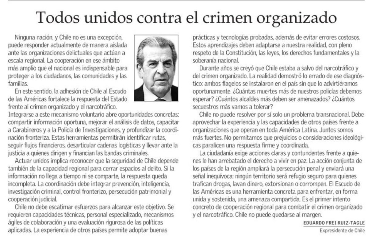 MinPerezMac's tweet photo. Muchas gracias, expresidente Frei. 
Es muy importante su apoyo a las acciones para hacer frente a uno de los mayores desafíos de la región: el crimen organizado. Chile no debe escatimar esfuerzos y los países debemos unirnos para hacer frente a la delincuencia transnacional. https://t.co/3TFTDn6z9k