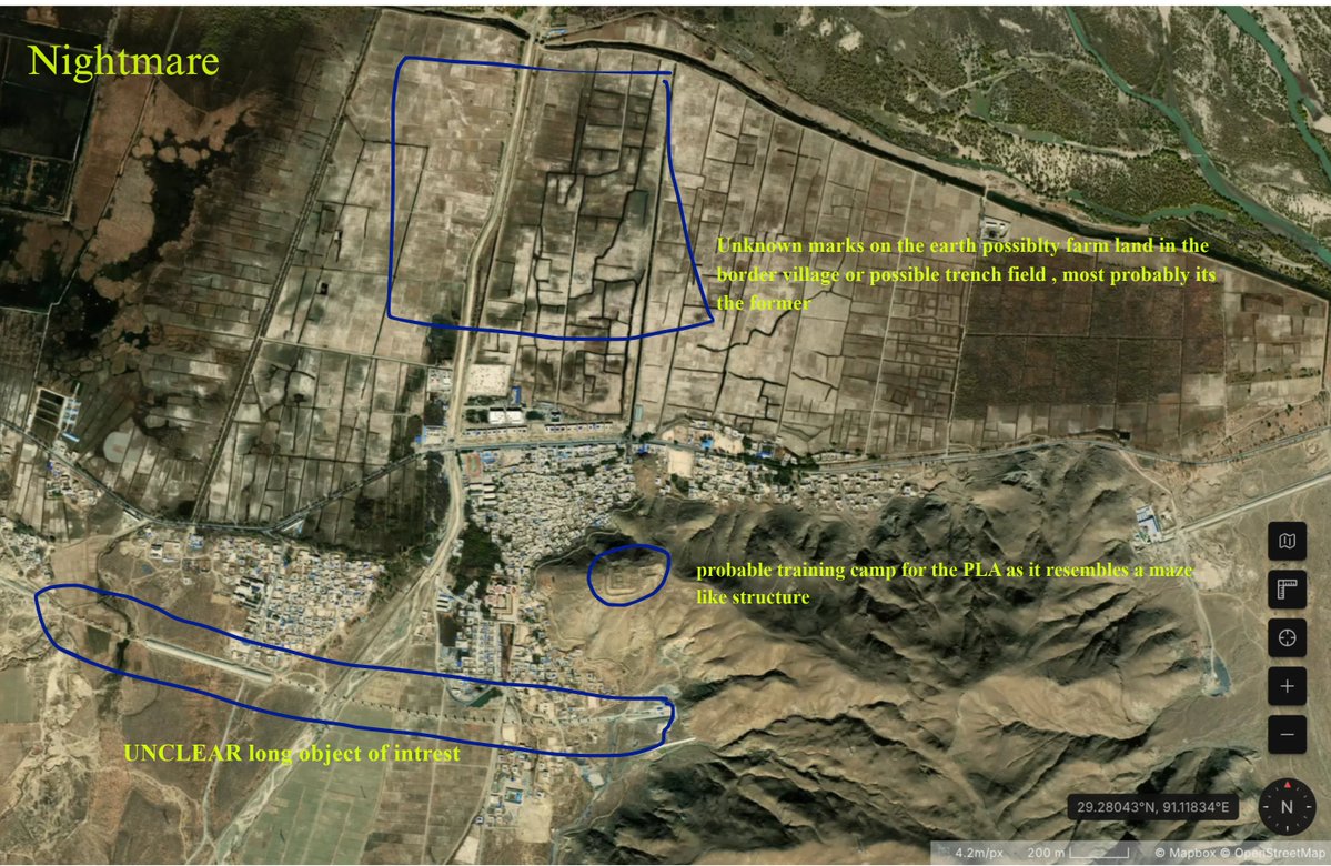 OsintNightmare's tweet photo. This is the second set of PLA/chinese border village satellite images iam posting about , this is even more intresting as it involves logistics centres and airbases along the Indian border .

The first one is from 7VWX+348 Jiazhulinzhen, Gonggar County, Shannan, Tibet, China (in this case google earth has updated images they have built huge rows of hardened shelters in the base go check it if you like) , now this is the gonggar airport/airbase its near Lhasa and its used by the PLAAF heavily for training flights we can see in this particular image J-11 or J-16 fighter jets parked in the tarmac along with Z-19 helicopters used by the PLAAF the empty space behind these is where rows of new black hardened shelters are built in G earth indicating increased aircrafts by the PLAAF , this is important as this airbase is above bhutan and North east India .

The second image is again from the same airbase but we go a little to the left side and here is where we can see multiple Airbus aircraft being parked and this is what i call civilian/cargo area of the airport  but we can notice one huge detail in this sat image , construction going on for a possible terminal and control centre , pretty big ugrades for a border airport . 

The third image 72QR+P7J Jixiongzhen, Gonggar County, Shannan, Tibet, China is right next to the main gonggar town , we see a rail terminal , most of these are mainly used for cargo transport as containers can be seen but they are always considered dual use by many analysts as they can transport military equipment and personnel too in times of need .

The final fourth image 74J9+58G Jiedexiuzhen, Gonggar County, Shannan, Tibet, China , this is termed as a residential committee by China which is basicallhy another border town / village and what intrested me is the trench like structures present here , although present next to what looks like  farmland , this does look like a trench replica maybe used for training( i may be wrong) and  also we can see a possible PLA camp/training site  in the small hill (my best guess) also the final intresting structure aside from the houses are the long transmission/pipeline like structures that go into the hill ( this is very very intresting as the structure goes on outside the sat image frame also) .

I will keep posting more satellite images whenever i get more time as the border buildup along the Indian Border is a case of high intrest for me be it civilian infrastructure or military or be it dual use structures , i can one thing for sure China has built up far more than India has in its side and India needs lots of catching up to do which i think India can do with limits ofcourse.

Stay tuned for more and  if possible RT this if you find it intresting .