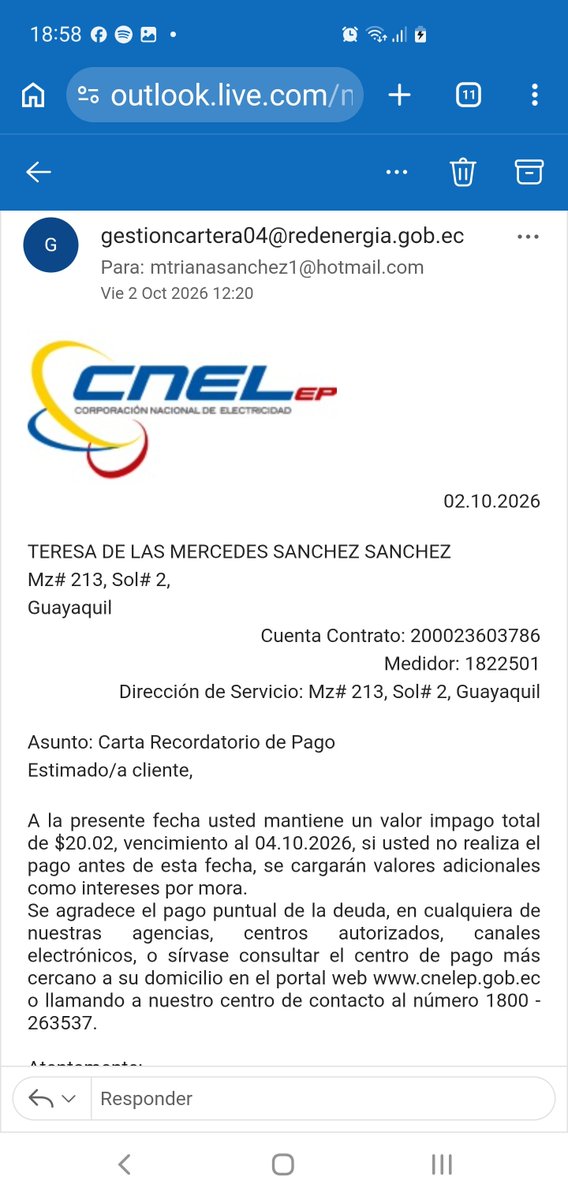 Matrisa1's tweet photo. @JuanCarlos_Blum 
@CNEL_EP @servicioscnelep 
@josearevaloec

Sres Cnel,seguimos con el problema de las facturas q no llegan,quieren el pago puntual y no entregan,registré mi correo hace meses,pero solo llega valor y fecha máxima de pago SIN LECTURA.POR QUE NO ANEXAN LA FACTURA https://t.co/4xaYIcGk0q