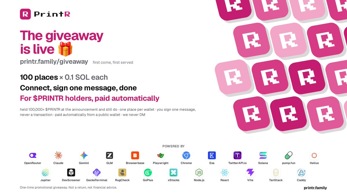 buyprintr's tweet photo. the solana:8Y6pHi3cMhxhtHuzgGAsWgAJMyw3zaQLeFFf3qvRpump holder giveaway is live 🎁

100 places × 0.1 SOL, first come, first served
https://t.co/EakGbmgr7m

sign one message (never a transaction), the SOL is sent automatically

for wallets that held 100K+ solana:8Y6pHi3cMhxhtHuzgGAsWgAJMyw3zaQLeFFf3qvRpump before the announcement. we never DM. nfa