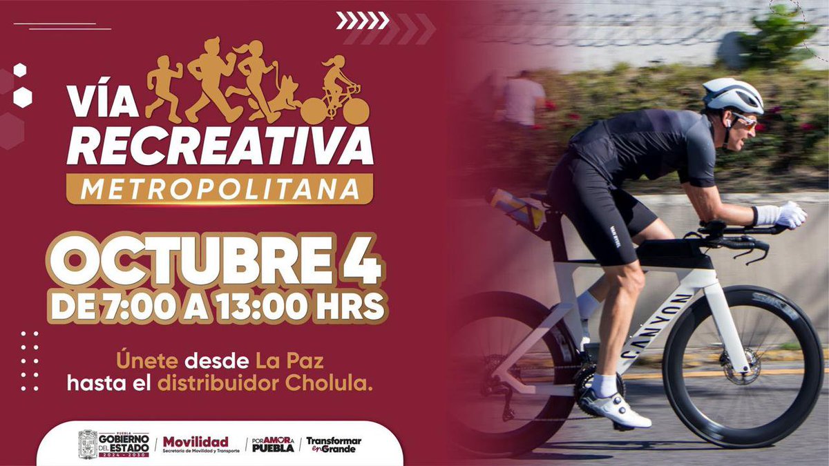UNICREAPue's tweet photo. ¡Recuerda que este domingo tenemos Vía Recreativa Metropolitana! 🏃🚴‍♂️ 😁 Actívate y comparte momentos con familia y amigos. 
📅4 de octubre
📌De La Paz al distribuidor Cholula
⏰ 7:00 a 13:00 h
El @Gob_Puebla promueve una movilidad segura para las y los poblanos

#PorAmorAPuebla https://t.co/n8vSNzq9Cj