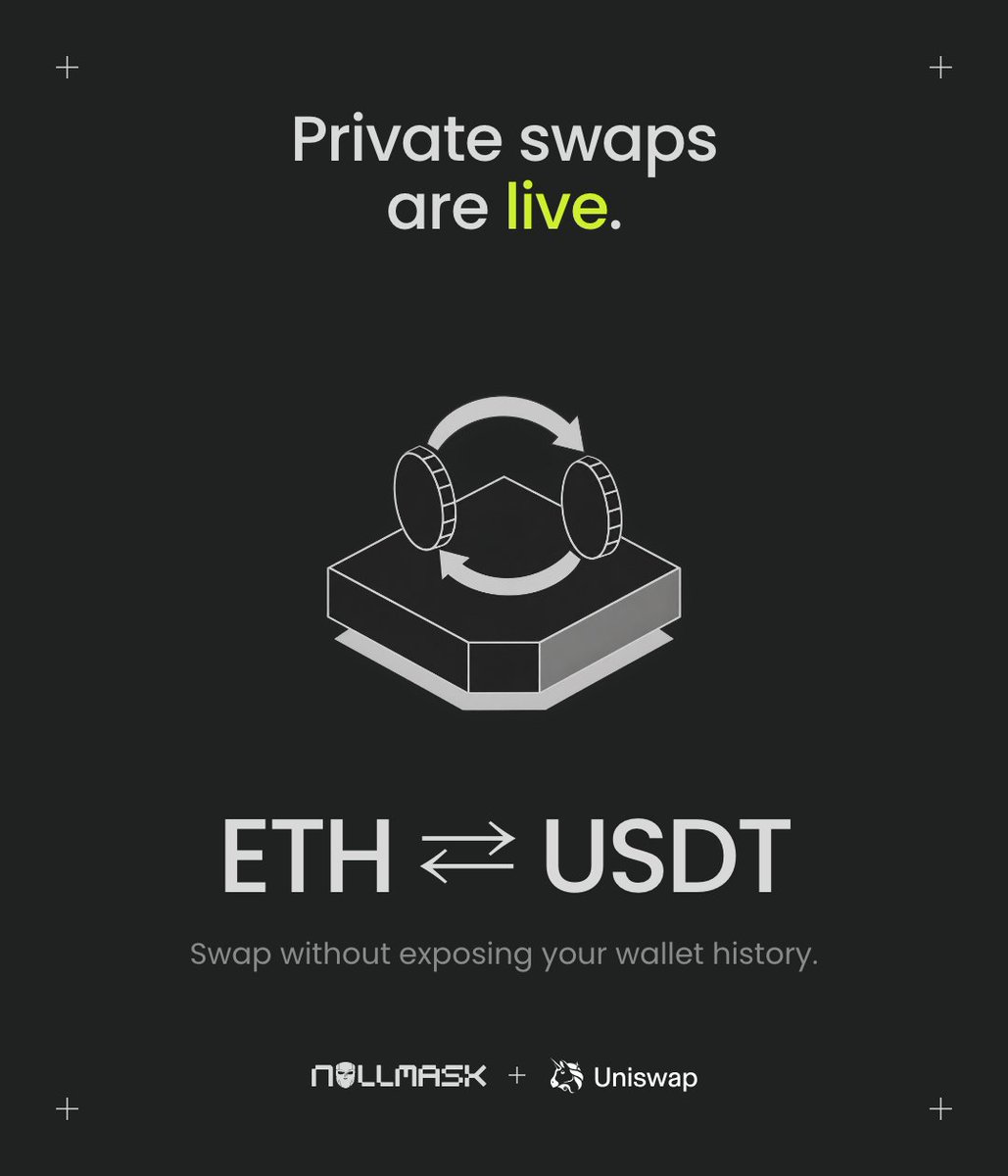 NullMaskio's tweet photo. Private swaps are live on Nullmask.

Swap ETH ⇄ USDT without exposing your wallet history. Powered by @Uniswap liquidity, routed through the Nullmask pool. https://t.co/YSzB6NO5Cp
