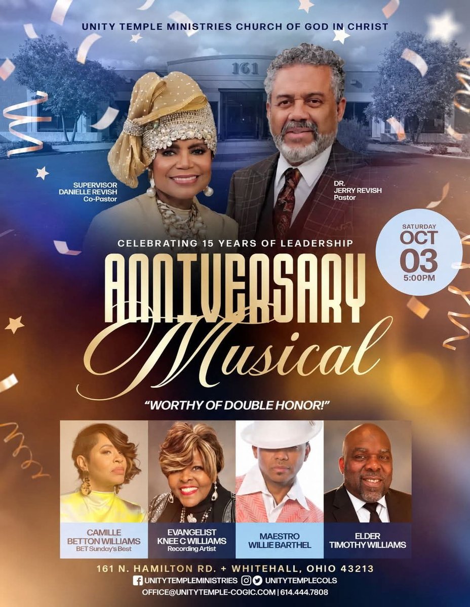 UnityTempleCols's tweet photo. Celebrate with us tonight! Join us at 5 p.m. for a special evening of music in honor of our 15th Pastoral Anniversary. See you there! #UnityTempleCols https://t.co/4ZnyIlB06g