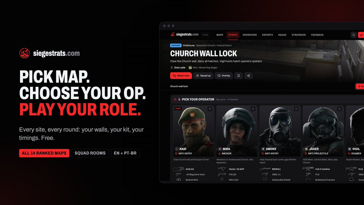siegestrats's tweet photo. As someone who loves Siege to death, I made a website to help you and your squad find, create and share strats.

Pick a map, choose your op and play your role for the round. Every ranked map, free, no account needed.

https://t.co/0oCZ0JZGlI

#R6 #RainbowSixSiege #siege https://t.co/eYVmcoIrHH