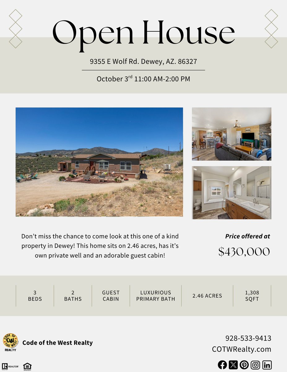emma29_fly's tweet photo. Open house alert in Dewey 🏡
9355 E Wolf Rd
Oct 3, 11–2
3 beds, 2 baths, guest cabin, 2.46 acres, and that wide-open Arizona view.
Listed at $430K.
Come peek if you’ve been craving space.
#DeweyAZ #PrescottValley #ArizonaHomes #OpenHouse #AZRealEstate #HomeBuying https://t.co/vlCOSRepa5