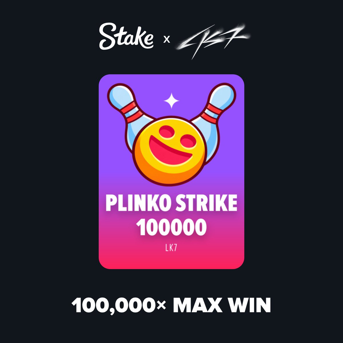 LK7com's tweet photo. Drop your Stake ID!

New game🚨
PLINKO STRIKE 100000 on @Stake https://t.co/ErLb904uol