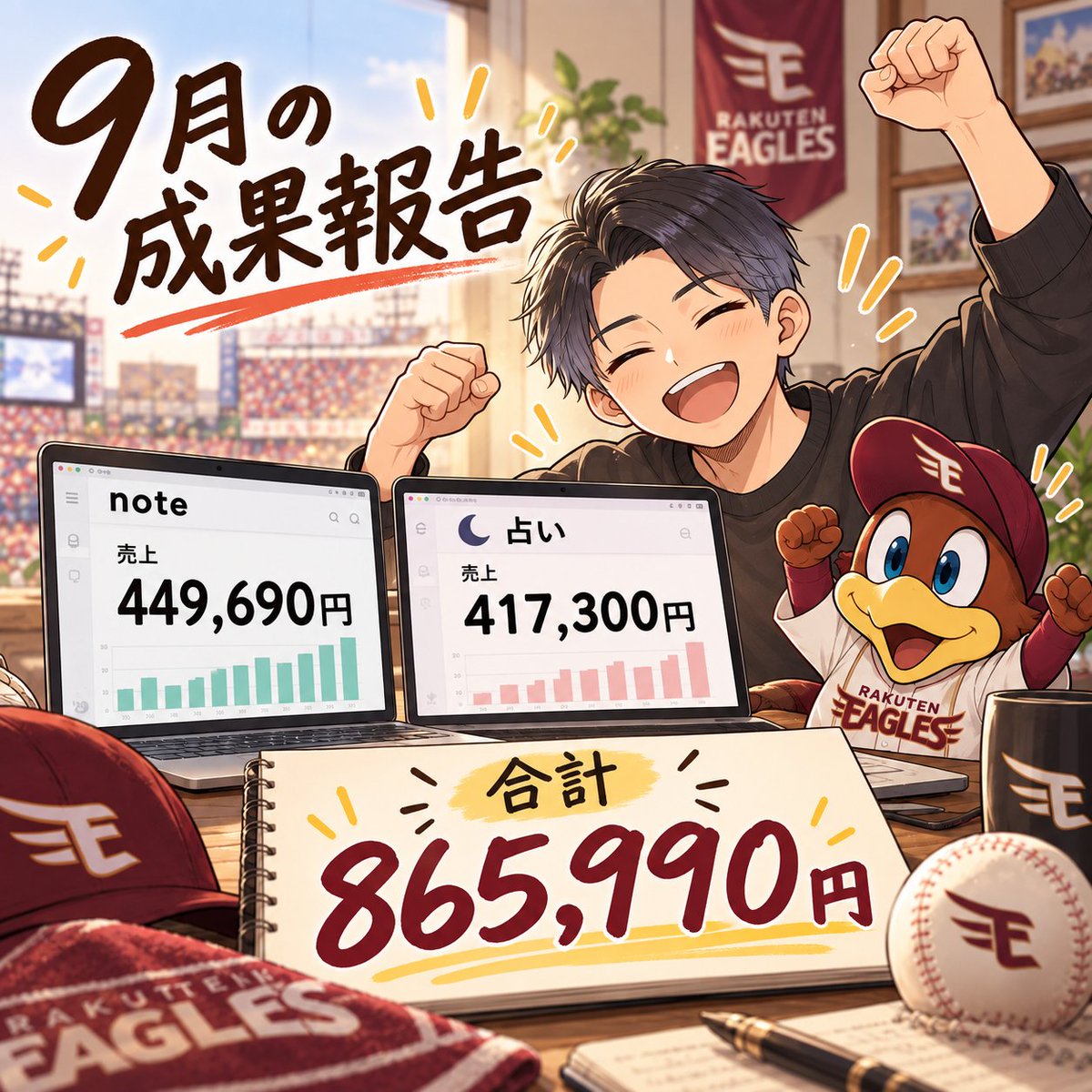 Yuu_43041's tweet photo. 【9月の報告】

全部合わせて 865,990円 でした。

内訳はこんな感じ👇
・note:449,690円
・占い:417,300円(クローズ済みのみ)

占いは完了したものだけで数えてるので、実際はもう少し上がる予定です。

で、正直に言うと9月はぜんぜん頑張れた月じゃなかったです。

日帰りも含めて旅行に3回も行ったし、野球も沢山みに行ったし遊びまくってました笑

そして、コロナにかかって3日くらいダウンして、そのせいでローンチも諦めて…w

でも、せいぬさんにめちゃくちゃ添削してもらったnoteが、僕が動けない間もちゃんと売れてくれて
自分が動けない月でも、noteが資産になって積み上がるんだなって身をもって実感しました🥹

これまで僕はずーっとノウハウコレクターでした。

教材を買っては満足して、次のを探して、また買って。
結局なにも形にならないまま時間だけ過ぎていく感じ。

そんな僕が最後に選んだのがせいぬスクールです。

入ったときは「今度こそ何か一つ形にしたい」くらいの気持ちでした。

それが1年ちょっとでここまで来れるとは、正直思ってなかったです。

せいぬさん@seinu_note 、ゆるるさん@yururu_pua 

一緒に頑張ってるせいぬスクールのみんな、本当に感謝しかないです🙏
10月もコツコツいきます！