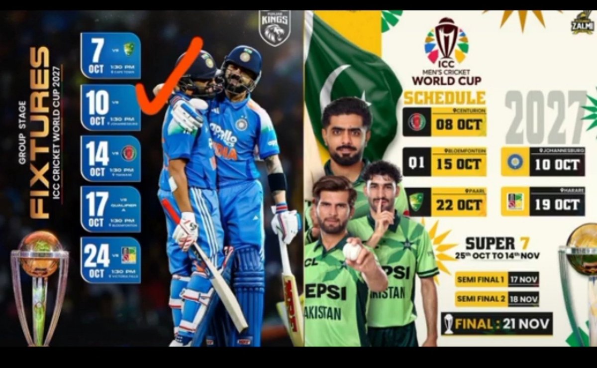 awaiscricket1's tweet photo. 🚨 DIFFERENCE BETWEEN IPL FRANCHISE AND PSL!

FROM IPL PUNJAB KINGS : Intentionally avoided Pakistan’s flag in their official CWC 2027 fixtures post.

Peshawar Zalmi: Respectfully included the Indian cricket team logo in their World Cup schedule graphic without bringing politics. https://t.co/LOsKquZSB6