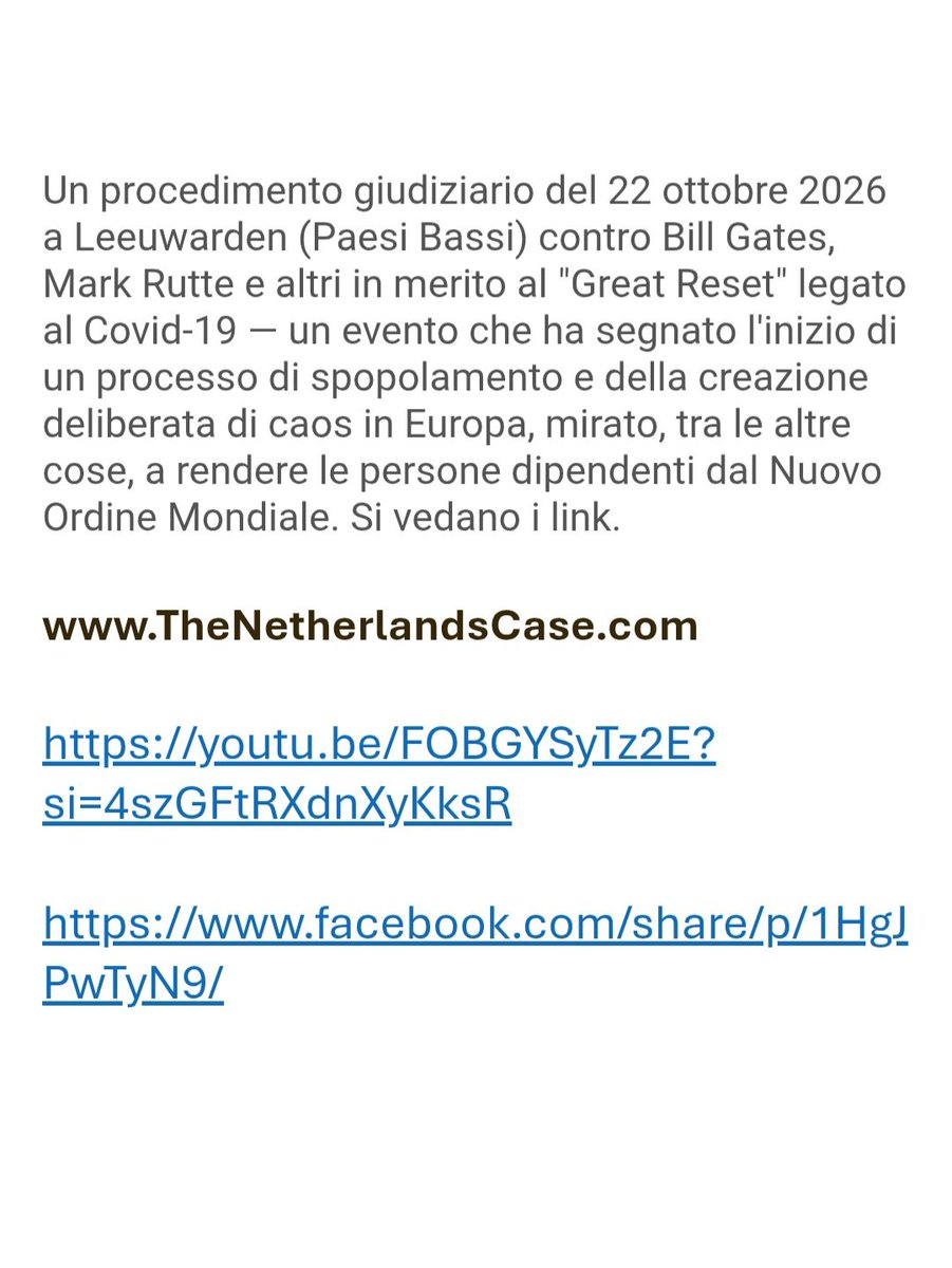 Hannah7113's tweet photo. * Causa legale-B.Gates+M. Rutte* *22/10/2026 Leeuwarden (Paesi Bassi)
----COVID19"Great Reset"-----
iniziato spopolamento + molto altro Vedi foto
#SerieA SanRemo Meloni #Milan FashionWeek Inter Juventus Napoli #SanSiro #Roma #3ottobre Salis #tvtalk #genova
#quartogrado Genua https://t.co/wlaZWB06HX