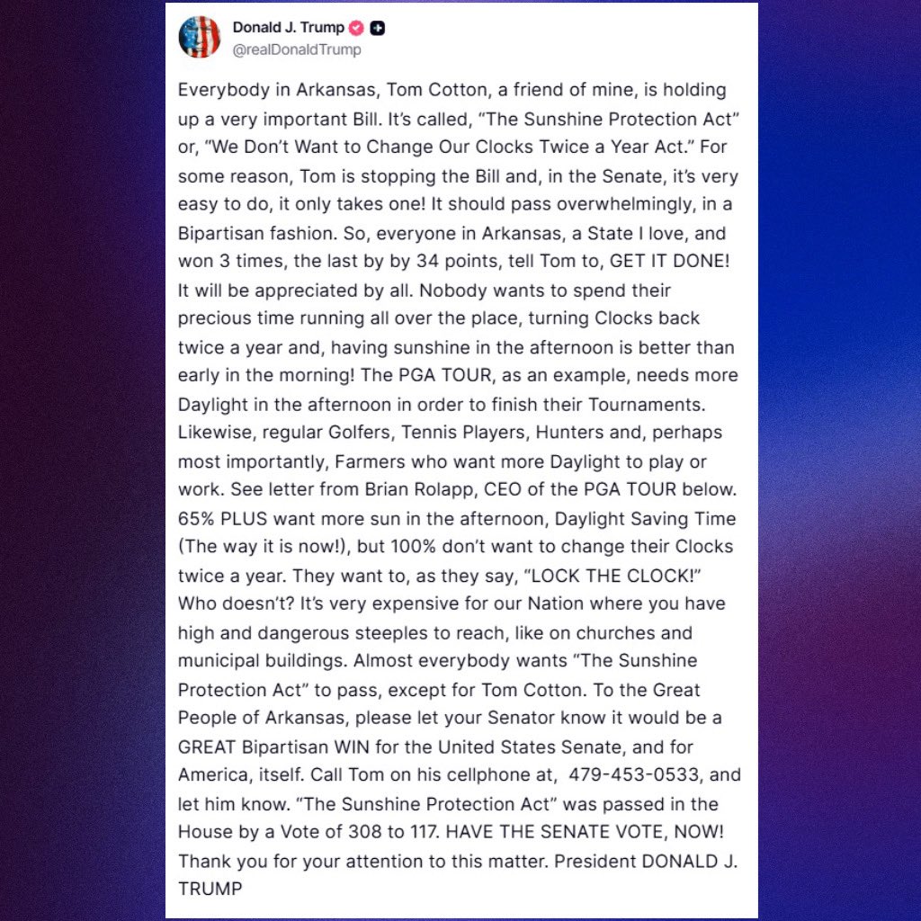 PopBase's tweet photo. Donald Trump has posted Republican Senator Tom Cotton’s personal cellphone number after Cotton opposed the Sunshine Protection Act, which would make daylight saving time permanent. https://t.co/oLXiHuDSSc