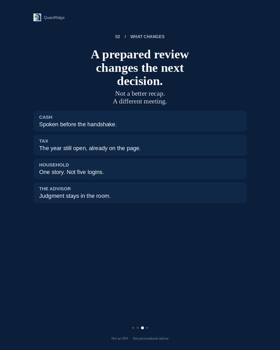 quantridge's tweet photo. A review that only recaps performance changes nothing.
Quiet cost: no call on cash, tax, or the household.
End on the return — or on a decision?
#RIA #CFP #ClientMeeting #WealthOps #PracticeManagement #FinancialPlanning #AdvisoryFirm #FeeOnly https://t.co/EoLr7fvsTj