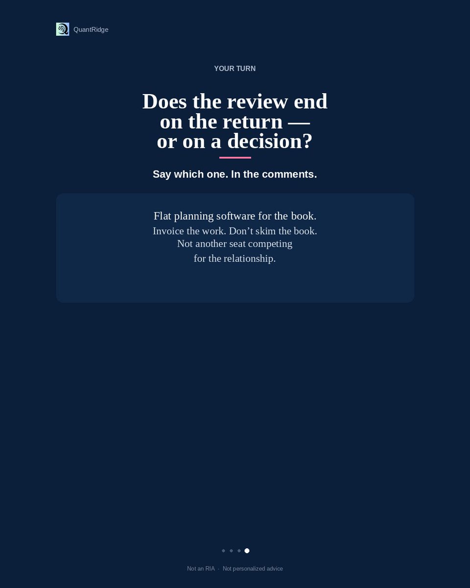 quantridge's tweet photo. A review that only recaps performance changes nothing.
Quiet cost: no call on cash, tax, or the household.
End on the return — or on a decision?
#RIA #CFP #ClientMeeting #WealthOps #PracticeManagement #FinancialPlanning #AdvisoryFirm #FeeOnly https://t.co/EoLr7fvsTj
