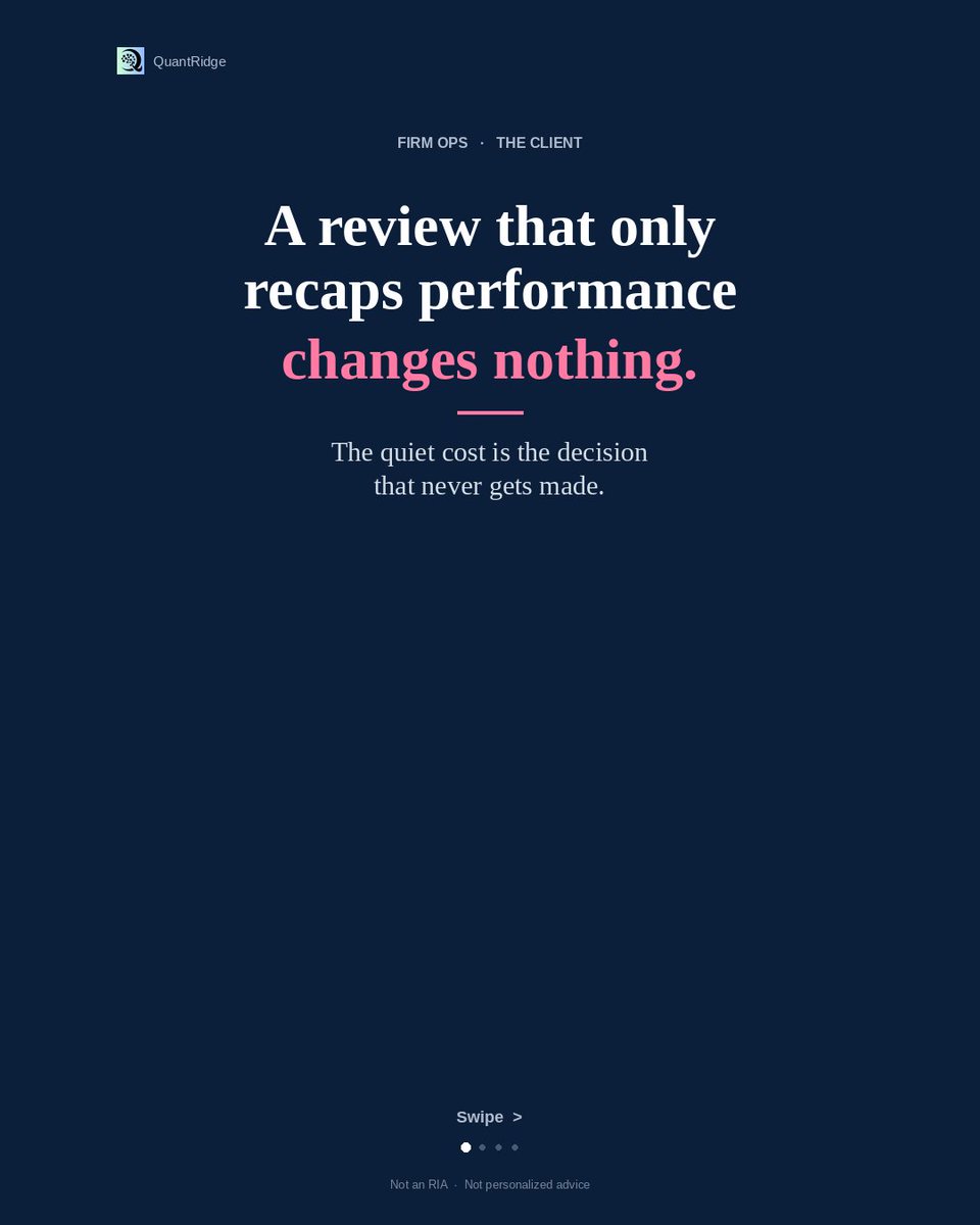 quantridge's tweet photo. A review that only recaps performance changes nothing.
Quiet cost: no call on cash, tax, or the household.
End on the return — or on a decision?
#RIA #CFP #ClientMeeting #WealthOps #PracticeManagement #FinancialPlanning #AdvisoryFirm #FeeOnly https://t.co/EoLr7fvsTj