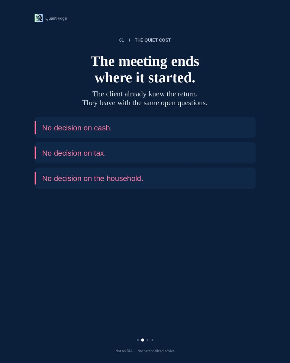 quantridge's tweet photo. A review that only recaps performance changes nothing.
Quiet cost: no call on cash, tax, or the household.
End on the return — or on a decision?
#RIA #CFP #ClientMeeting #WealthOps #PracticeManagement #FinancialPlanning #AdvisoryFirm #FeeOnly https://t.co/EoLr7fvsTj