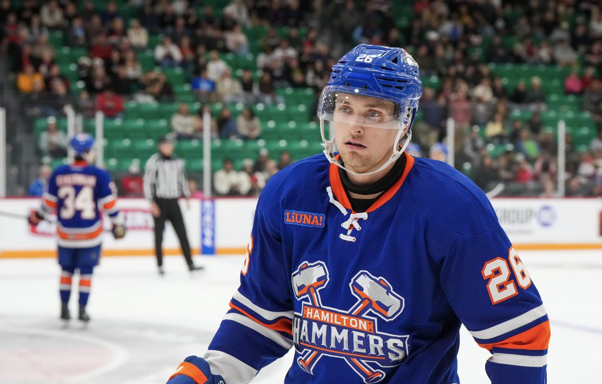 KennyKaminsky's tweet photo. #Isles #HammerTime 
Hamilton’s Mitchell Chaffee on scoring the first goal and getting the first win in Hammers history:

“I mean, obviously, it’s a collective kind of team thing, so I wouldn’t say that it was just me, but obviously I think we played well tonight. As coming into a new team, you don’t know what to expect, especially with new line mates and new systems and stuff. I thought we played well tonight, and it was exciting to kind of get that first win.”

@TheElmonters