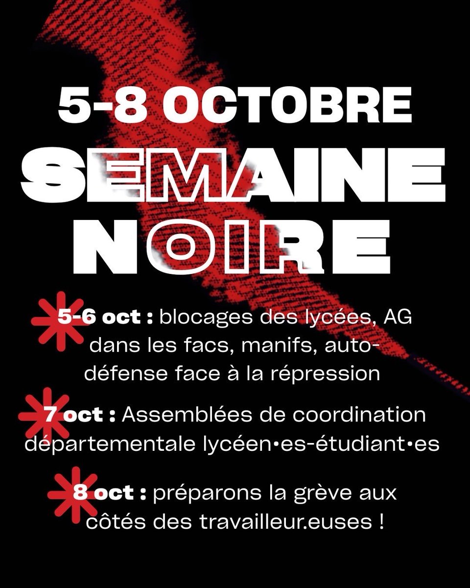 Erellux_'s tweet photo. Dès lundi, il faut une SEMAINE NOIRE dans les facs et les lycées !

Pour s’organiser par nous-mêmes, renforcer les liens entre étudiants et lycéens, et aller chercher le reste du monde du travail (et ne pas laisser des macronistes en herbe jouer les portes paroles des lycéens 🤡) https://t.co/XMsc5kNhSH