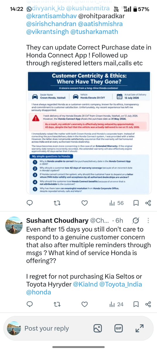 ChoudhrySushant's tweet photo. @inspired_by_own @HondaCarIndia @Santosh02208478 They won't and even won't care ! Even if they know issuebis genuine still they will listen to their dealer instead of customer @Honda 
I have been raising the issue with related to wrong purchase date updating since 2 months ! https://t.co/Dx8cdTGfaO