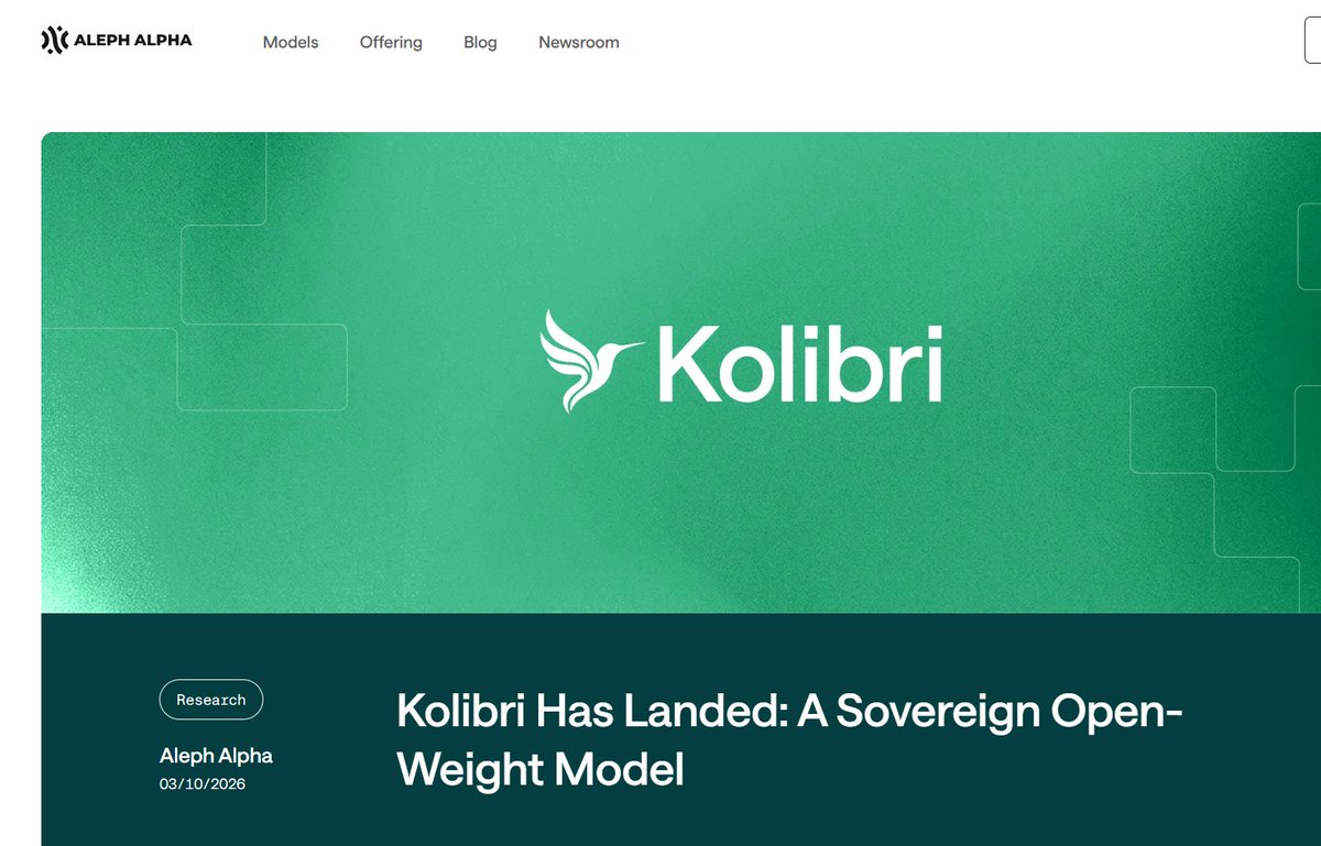 Secretof_forest's tweet photo. Aleph Alpha released Kolibri, an open-weight model built for German government and industrial work.

78B total params, 3.46B active per token, up to 1M context, Apache 2.0. The model card lists ~78 GB in FP8 and a single H200 as the minimum.

https://t.co/r2jc7HQEkQ https://t.co/TKidxgCj9i