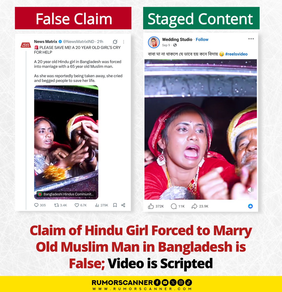 RumorScanner's tweet photo. @NewsMatrixIND The claim that a 20-year-old Hindu girl in Bangladesh was forced to marry a 65-year-old Muslim man is false. 

The video is scripted content, not a real incident. https://t.co/pyd9VUTsVY