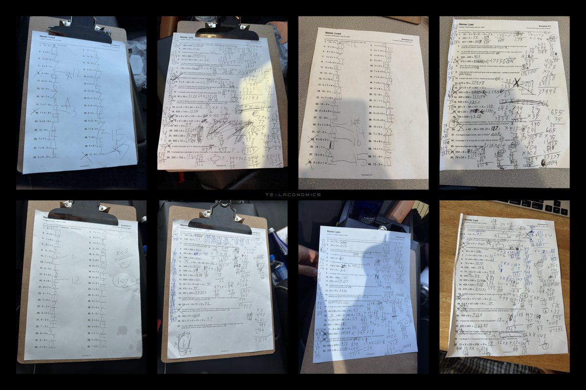 Teslaconomics's tweet photo. Every morning, before my kids even leave for school, Grok Bot has already made and printed a math worksheet specifically for each of them based on what they’ve been working on at school and what they missed the day before.

My younger son is 5 yrs old, in kindergarten, so his sheet has 30-40 problems personalized for his level, yet challenges him on the things he missed the day before. His addition can go past 10, but subtraction starts small, usually from 10 or under, and only moves up a little once he’s consistently getting those right. His newest sheet, for example, has problems like 15 − 8, but that came after working through the smaller ones first. It changes every day. 

My older son is 8 yrs old, in third grade, and his worksheet is 25 problems. What I like most is that for the harder problems he misses, Grok Bot keeps mixing them back in differently over the next few days, whether it’s perimeter, area, larger multiplication problems, or word problems where he earns more points at school. If he misses that type of problem once, there’s a good chance he’s seeing it again the next morning - it doesn't forget. 

When they finish their worksheets, I take a picture of each worksheet and send it back to Grok Bot. That’s what it uses to build the next one, so it already knows which problems they got right, where they struggled, and what should come back again instead of starting from scratch every day.

This is better than any math book I've ever bought for them bc Grok Bot writes a new one, tailored for each of them overnight, and when I go downstairs around 6am, these worksheets are already printed and waiting... every single day. 

Then during the ride to school I use Grok in my Tesla for anything we need to dive into. 

I'm so proud of my kids... and I have a BIG prize waiting for them when they reach worksheet milestones I've set for them.

Grok Bot is so awesome.