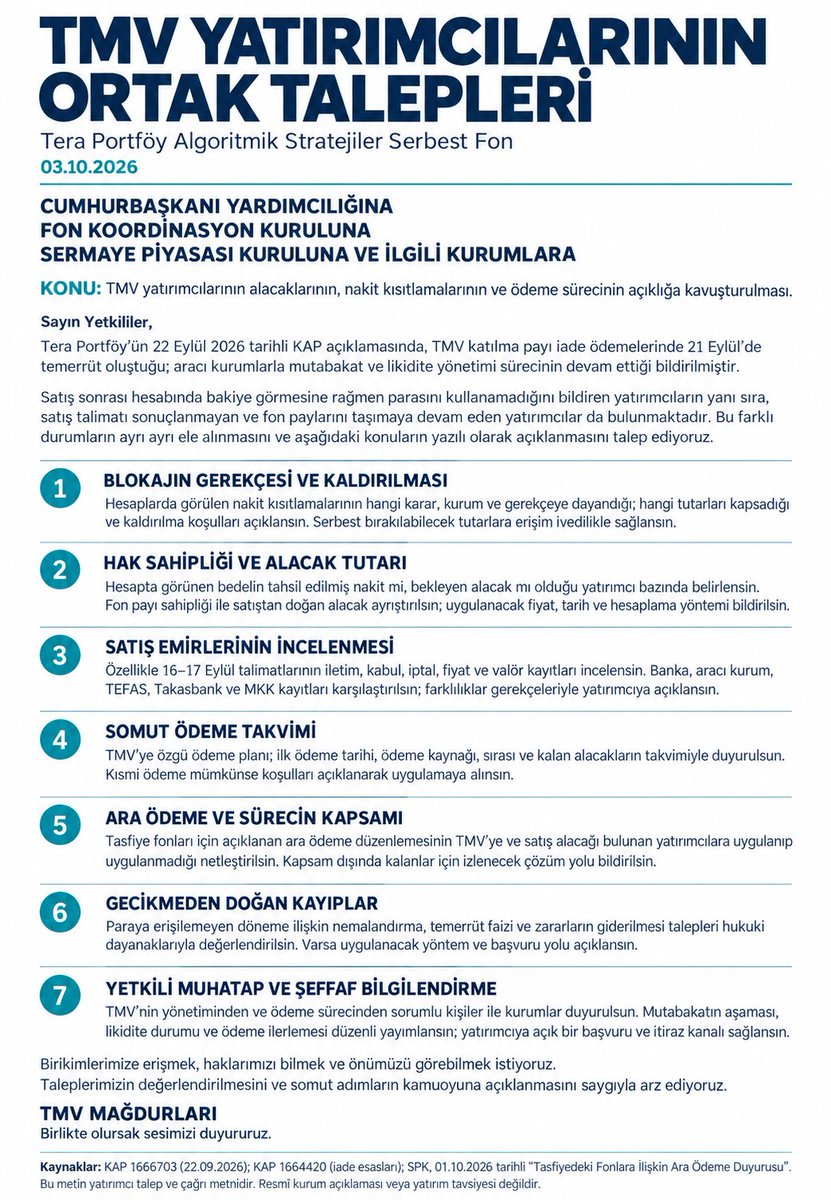 tmvfonmagduru's tweet photo. #TMV yatırımcıları olarak sesimizi birlikte duyurmak için buradayız.

Aramızda avukatların, gazetecilerin ve ekonomistlerin bulunduğu bir grubuz. Bu hesap üzerinden resmî kaynaklarla doğruladığımız gelişmeleri paylaşacak, sorularımıza yanıt arayacak ve elimizden geldiğince birbirimize destek olacağız.

Birikimlerimize erişmek, haklarımızı bilmek ve belirsizliğin son bulmasını istiyoruz. Hazırladığımız talep metnini de bu amaçla paylaşıyoruz.

Siz de hesabımızı takip ederek ve bu paylaşımı yayarak sesimizin yetkililere, basına ve daha fazla yatırımcıya ulaşmasına destek olun. Yaşadığınız sorunları kişisel ve hesap bilgilerinizi paylaşmadan bize iletin.

Kimse bu süreçte kendini yalnız hissetmesin.
Birlikte olursak güçlüyüz, birlikte sesimizi duyururuz.

#TMV #TMVMağdurları #FonMağdurları #TLY #THF #DOH #FON #TERA #SPK #TMSF #HISSE #ATLAS #A1 #DFI #PUSULA