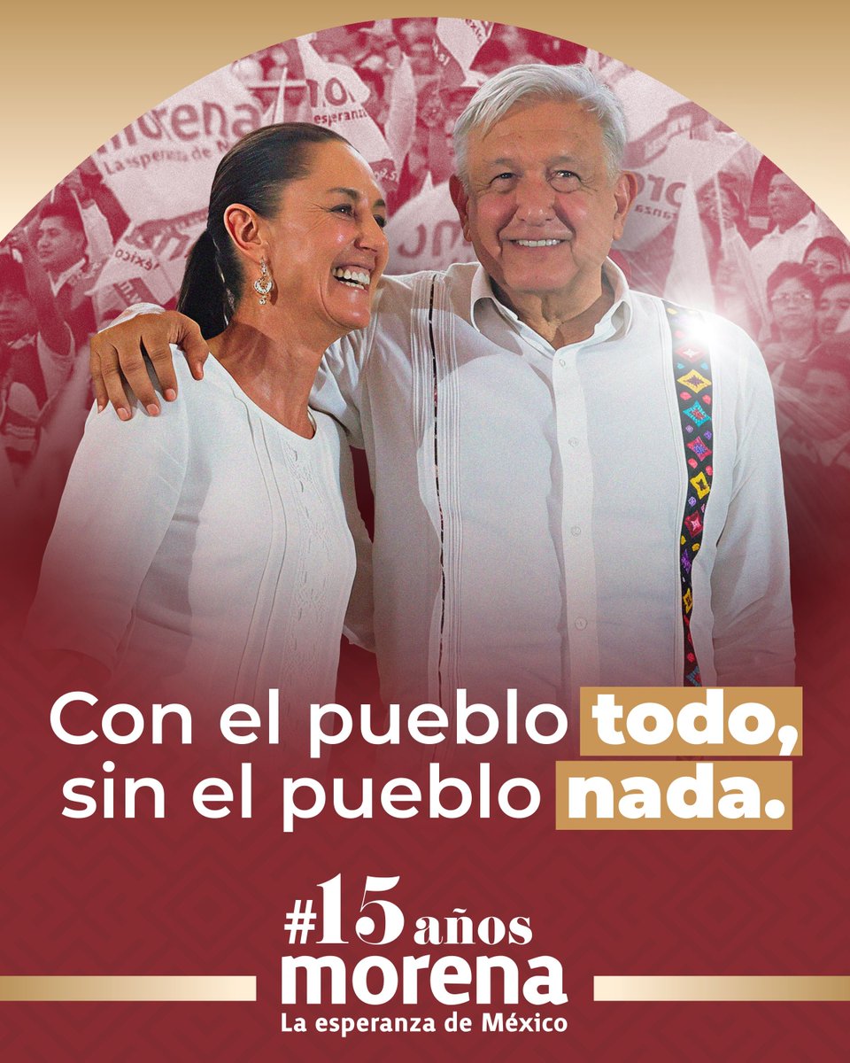 MorenaMichoacan's tweet photo. ¡15 años caminando junto al pueblo de México y de Michoacán! 🇲🇽📜

Desde las tierras michoacanas reafirmamos el compromiso de la Cuarta Transformación: ¡Con el pueblo todo, sin el pueblo nada!  

#15AñosMorena https://t.co/sSIjTuJEer