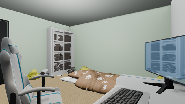 SOPHIAMITYLAB's tweet photo. 先ほどの記事の中でさらっと紹介されていましたが、こちらはゲームの背景として使われる予定のうたちゃんの部屋です（開発段階）
散らばっているごみ袋の色で舞台がどの地域か推測できちゃう方はいるでしょうか…？
同じ色の地域も全然あるかもしれませんが！笑
#CascadeFault #IndieGameDev #個人開発 https://t.co/KldXZtw55h