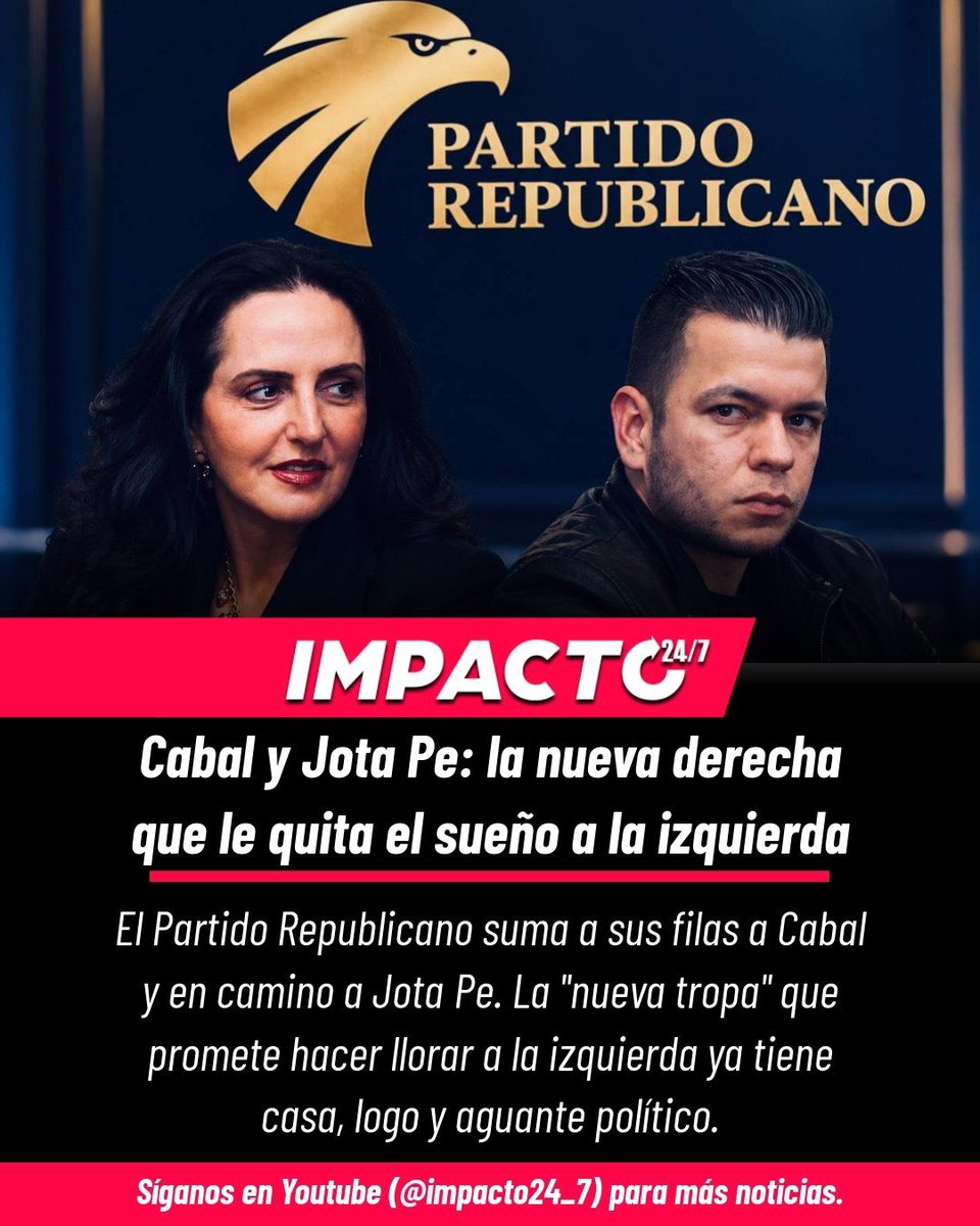 Impacto24_7's tweet photo. 🚨🦅 SE ARMA LA DERECHA | María Fernanda Cabal abandona el Centro Democrático y aterriza en el Partido Republicano, nuevo partido político que ya le quitará el sueño a la izquierda. Jota Pe Hernández va en camino. Un solo mensaje: Mano dura, seguridad y libertad. ¿Qué opina de esta nueva fuerza de derecha?