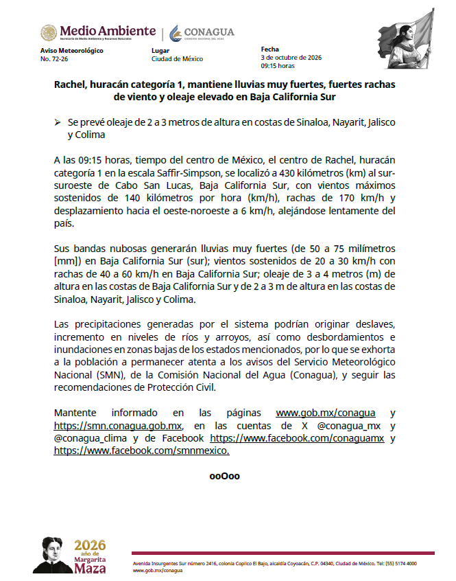 conagua_mx's tweet photo. #AvisoMeteorológico

El @GobiernoMX informa que #Rachel, #Huracán categoría 1, mantiene lluvias muy fuertes, fuertes rachas de viento y oleaje elevado en #BajaCaliforniaSur.
 
Se prevé oleaje de 2 a 3 metros de altura en costas de #Sinaloa, #Nayarit, #Jalisco y #Colima.

Más información: https://t.co/SrzrDzyuEC