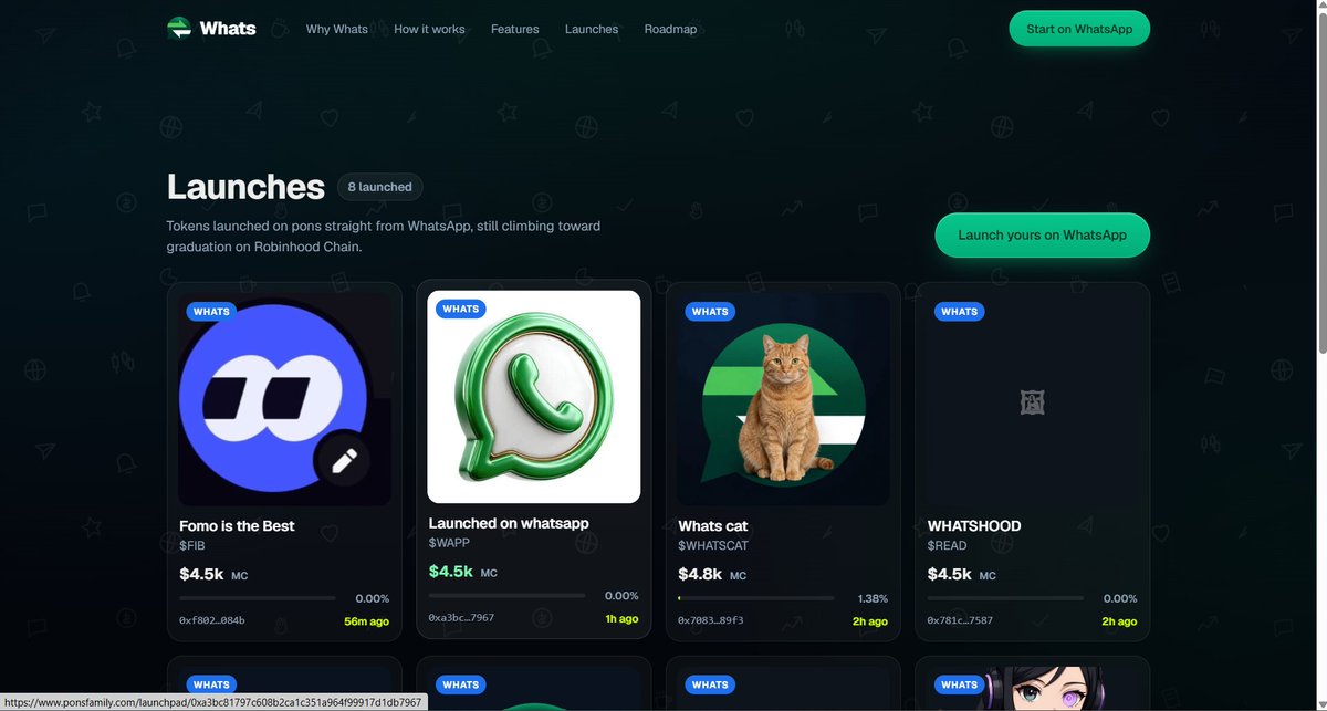 WhatsBotRH's tweet photo. We just added a new page on our website to discover every launch made through WhatsApp using $Whats.

Explore all tokens launched on the Whats Launchpad:

https://t.co/r8MccLu6zx

Coming next:

→ Perp trading directly on WhatsApp
→ Spot trading for BTC, Zcash, Monero & more
→ Buy crypto with credit card or Google Pay
→ $WHATS Privacy — private transfers built directly into WhatsApp
→ And much more

WhatsApp is becoming your trading terminal.