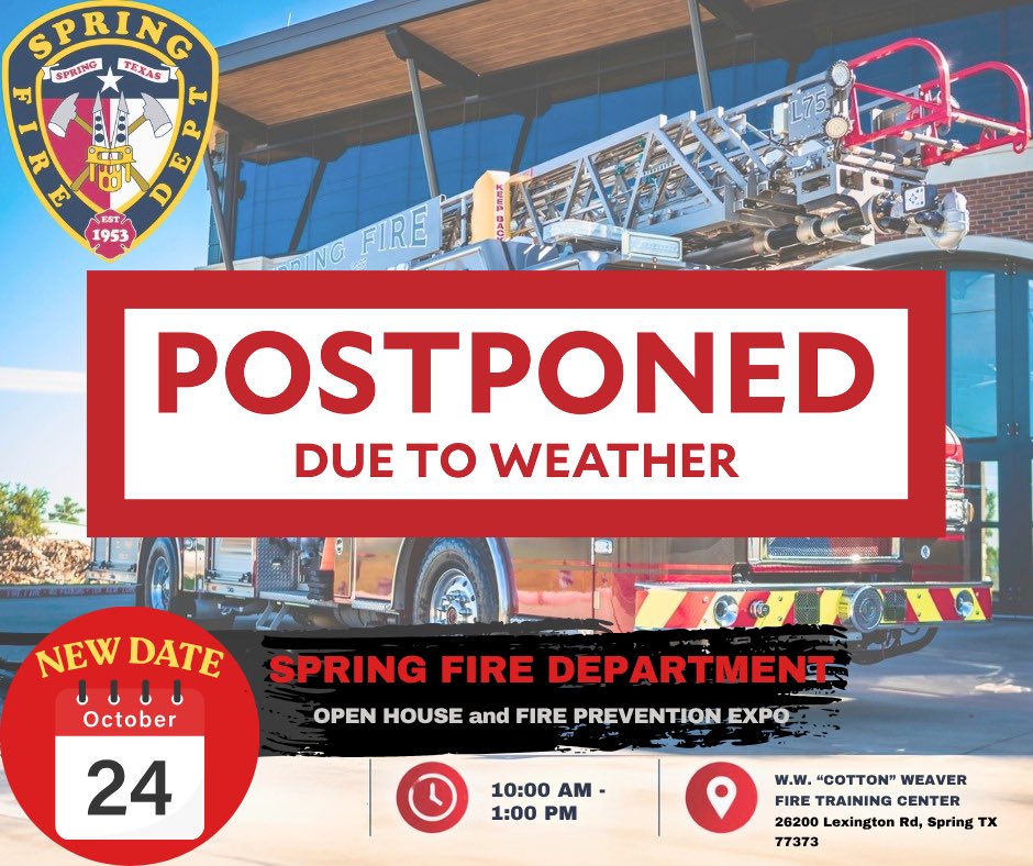 Springfdtx's tweet photo. Due to the forecast, today’s event is rescheduled to October 24. 
Please join us then. 
#trainingcenter #firefighters #springtx https://t.co/eNK1vJOr1J