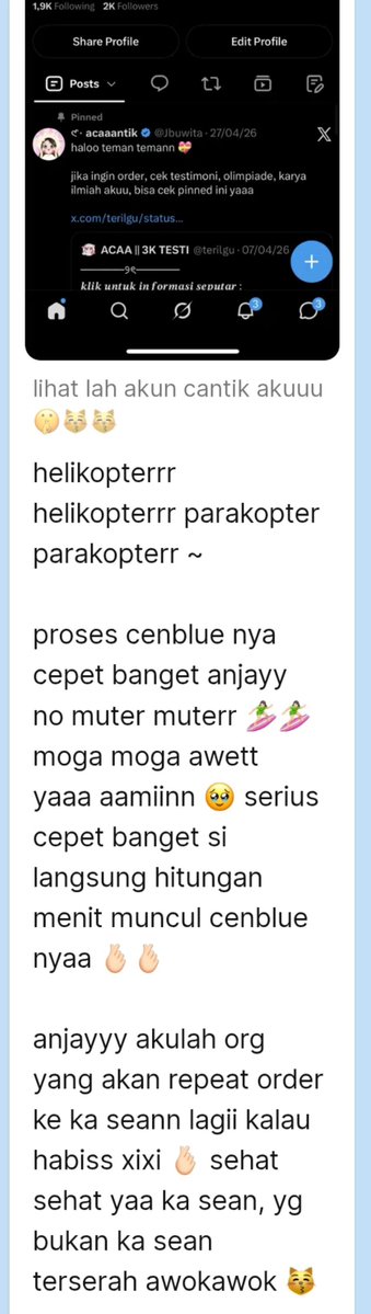 seansoang's tweet photo. 𓊆ྀི  𝒦ℯ𝒹𝒶𝒾 𝒮𝓌𝒶𝓃 𓊇ྀི
——————— • • 
testimoni jasa cenblue by @seansoang 💗🦢

10 - cemblue langsung masupp under 20min https://t.co/TPNNi8fP7L