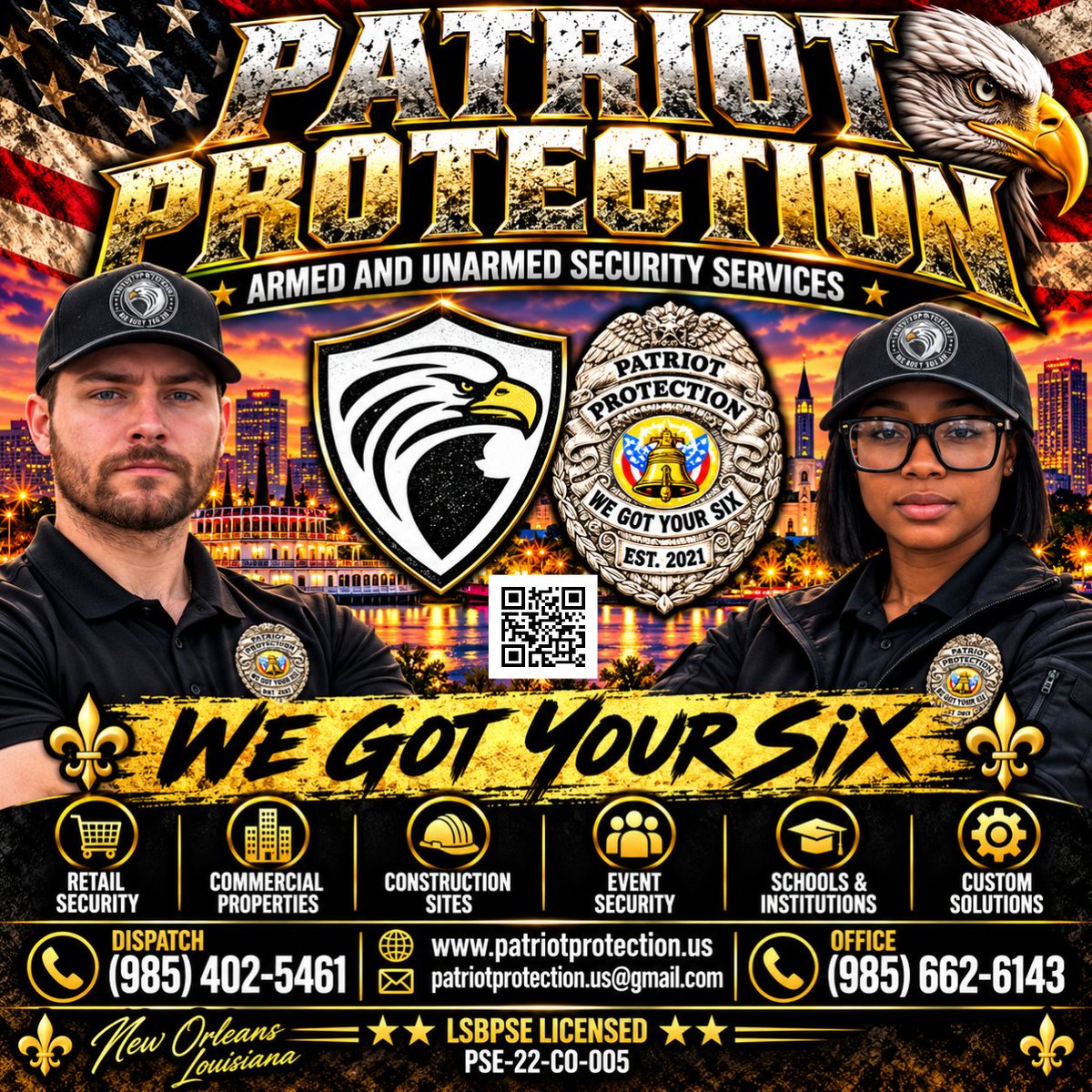 Patriot_Protect's tweet photo. 🦅 Patriot Protection — WE GOT YOUR SIX! 🇺🇸

Professional armed &amp; unarmed security throughout Southeast Louisiana.

📞 (985) 402-5461
🌐 https://t.co/GPcsI8WOqF

#PatriotProtection #WeGotYourSix #LouisianaSecurity #NewOrleans https://t.co/GESBTfOmSr