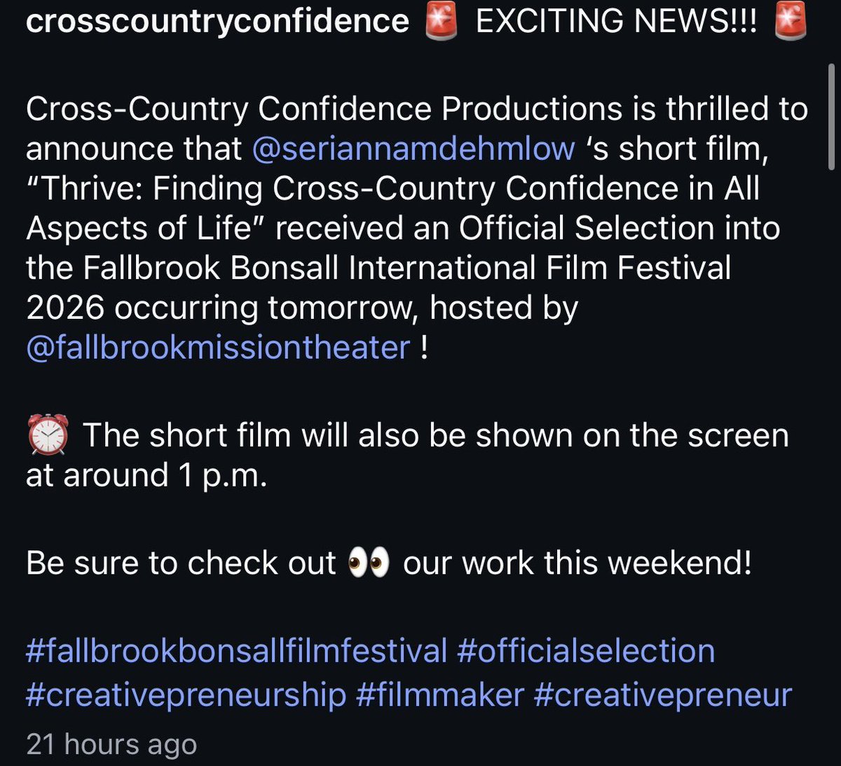 serimdehmlow's tweet photo. Grateful to have my short film  selected into the Fallbrook Bonsall International Film Festival this weekend!!! 🙏🏻🙏🏻🙏🏻

#shortfilm #officialselection #creativepreneur https://t.co/qZOkceNMJT