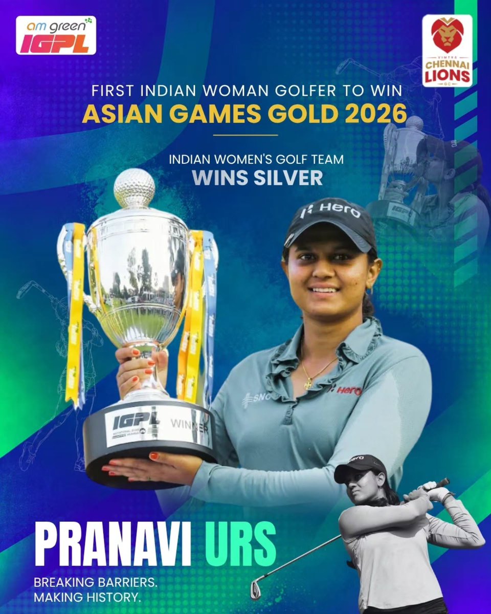 chennailionsgc's tweet photo. From breaking barriers at the IGPL to making history for India! 
Pranavi Urs becomes the first Indian woman golfer to win individual Gold at the 2026 Asian Games, finishing at -15 and helping India secure team Silver.
A milestone moment! 
@AsianGames_2026
#PranaviUrs #AMGreenIGPL https://t.co/L5HOKc6pHW