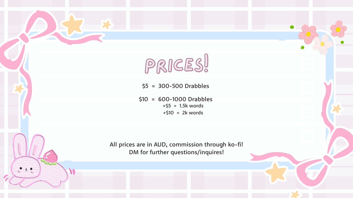 kirsteinsbunny's tweet photo. THE FIC FIELD IS NOW OPEN! 🎀

Due to being unable to work, I am opening fic c0mms as a lil side hustle to fund my interests! All information can be found in the graphics below &amp; my DMs are open for further inquires!

Ko-Fi will be linked in the comments below! #yumetwt https://t.co/yxuDFQ4P1G