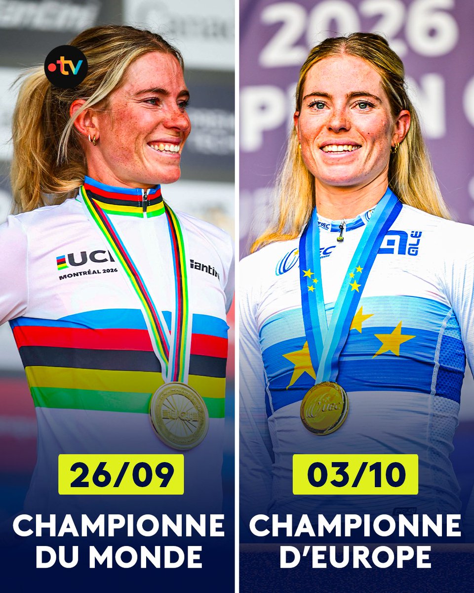 francetvsport's tweet photo. 🚴‍♀️ #EuroRoad26 | 🏆 Un doublé INÉDIT pour Demi Vollering après les Championnats d’Europe !

🇳🇱 Grâce à sa victoire en Slovénie aux Championnats d’Europe, la Néerlandaise devient la première cycliste féminine à réaliser le doublé Mondiaux/Championnats d’Europe la même année ! https://t.co/AVEgu9auix
