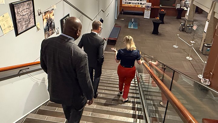 GregMcLeanYYC's tweet photo. 1/2: I toured the Vertigo Theatre at the base of the Calgary Tower with new Executive Director Breanne Harmon, Artistic Director Jack Grinhaus, and past chair Misheck Mwaba (also President of Bow Valley College). https://t.co/khNzTFfjm6