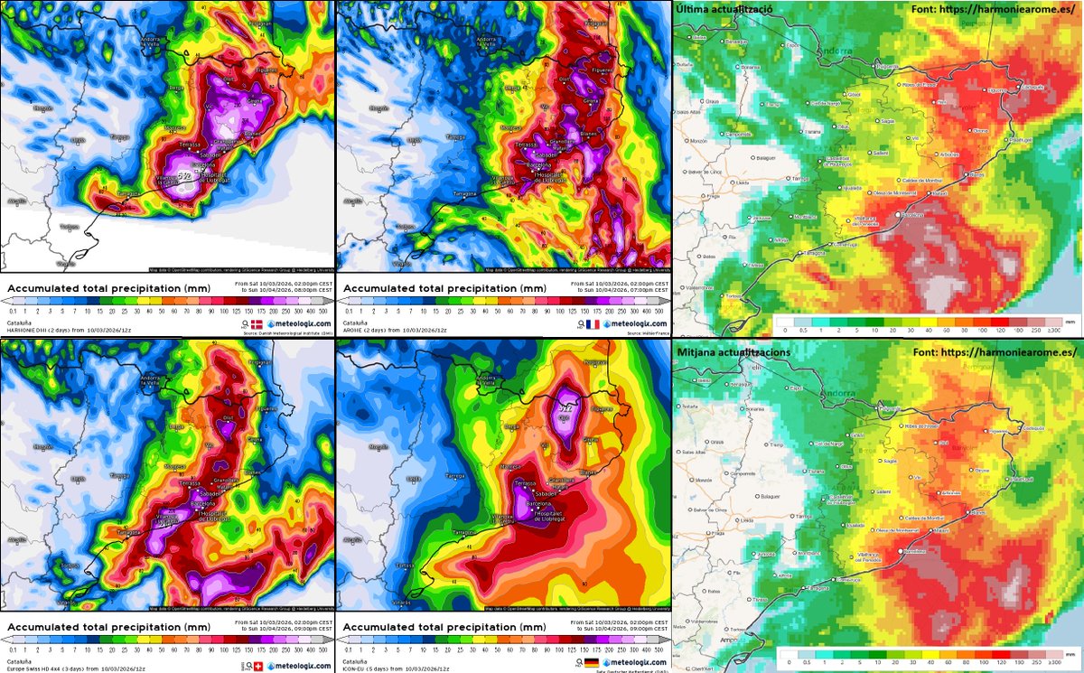 SeguimlaMeteo's tweet photo. Mapes actualitzats. Tots mantenen una situació de gran impacte amb grans aiguats formant-se al vespre/nit al litoral-prelitoral central, progressant de matinada/matí cap al nord-est. Hi ha models que calculen autèntiques bestieses. Tot dit. A partir d'ara, cel, radar i seguiment. https://t.co/rCwC7oyNYs