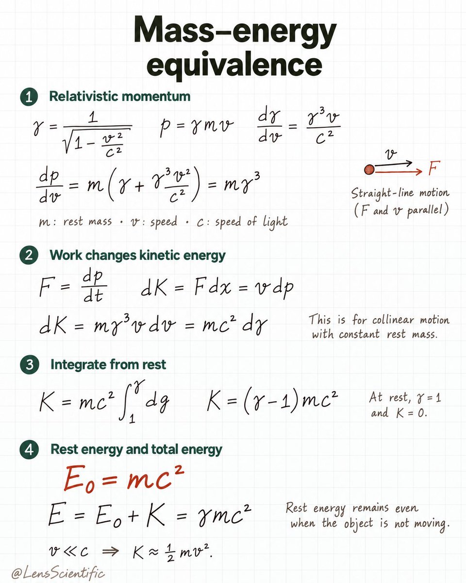 LensScientific's tweet photo. A hot object has slightly more mass than the same object cold. Adding internal energy increases its rest mass by Δm = ΔE/c²

The change is tiny because c² is enormous. Mass–energy equivalence applies to everyday heating as well as nuclear reactions. Even an object at rest carries energy.