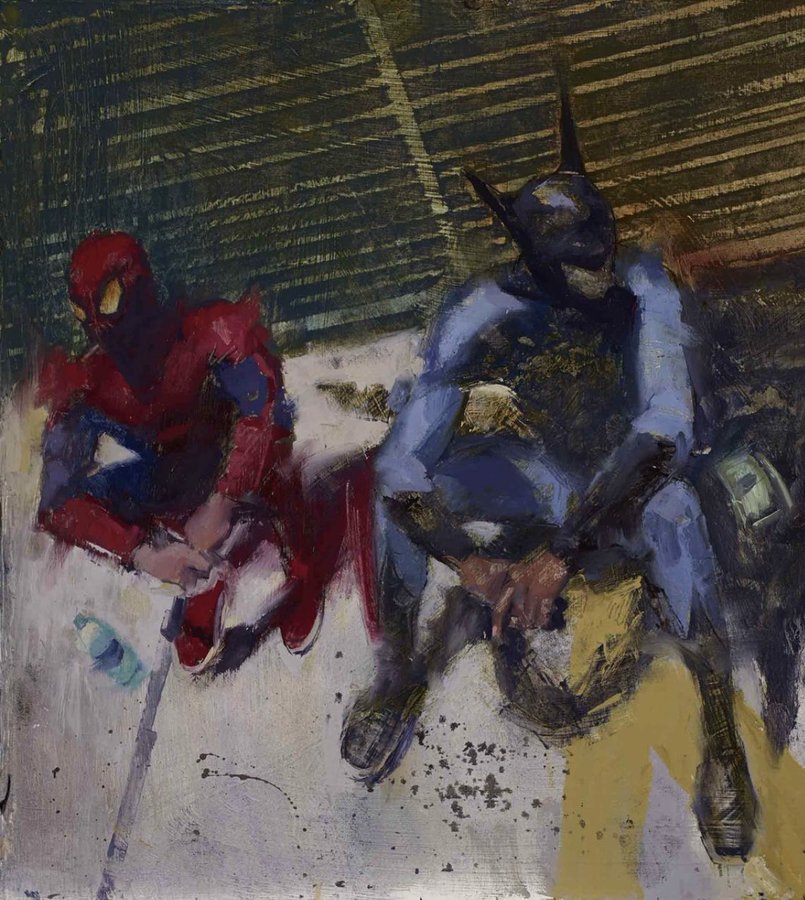 TheBatHome's tweet photo. Spider-Man and Batman by William Wray. Two heroes sharing a rare quiet moment. https://t.co/4nOmz6HzlC