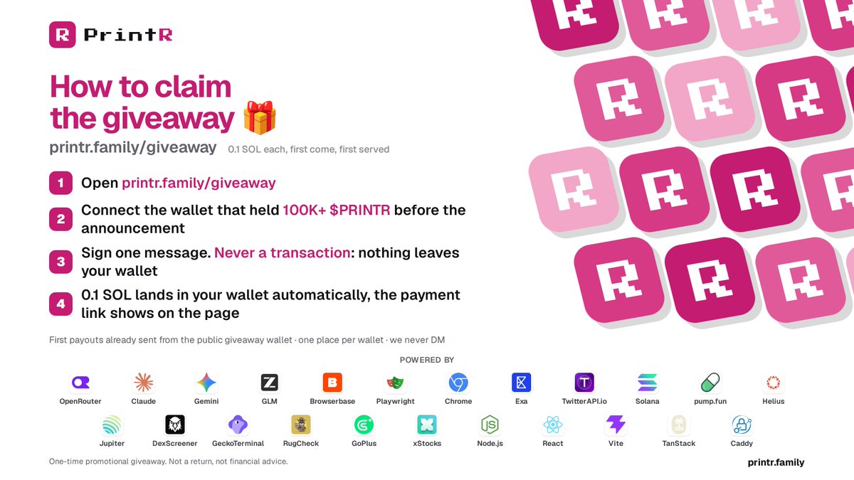 buyprintr's tweet photo. how to claim the solana:8Y6pHi3cMhxhtHuzgGAsWgAJMyw3zaQLeFFf3qvRpump holder giveaway 🎁

1. open https://t.co/EakGbmgr7m
2. connect the wallet that held 100K+ solana:8Y6pHi3cMhxhtHuzgGAsWgAJMyw3zaQLeFFf3qvRpump before the announcement
3. sign one message, never a transaction
4. 0.1 SOL lands automatically

first payouts already sent ✅ https://t.co/sBuVT7MMjw

we never DM. nfa