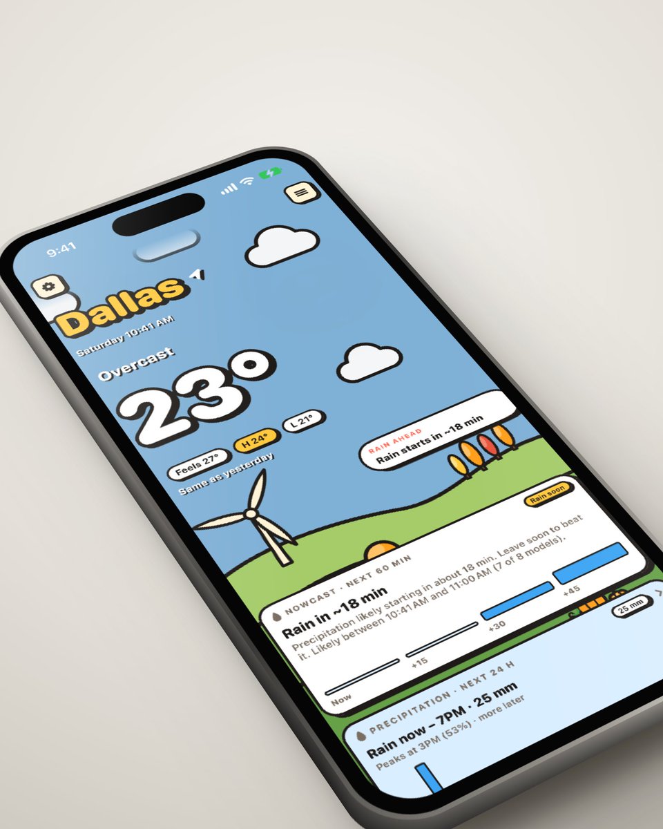 0xadbd's tweet photo. Made a weather app that warns you before the rain shows up. Not saving the world, just your hair. ☔️ It's called Drizzo, and feedback is very welcome. https://t.co/s57TOoZFiP